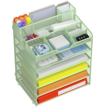 Load image into Gallery viewer, Docnest 6 Tier Mesh Desk Organizer for Paper Office Supplies – Multi-Functional Letter Tray with 5 Adjustable Compartments, 6 Pen Holders, Desktop Storage for Files, Mail, Stationery – Green
