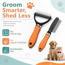 Load image into Gallery viewer, Dog Brush and Cat Deshedding Rake, Pet Grooming Tool for Shedding with Rounded Stainless Steel Teeth, Comfortable Grip for Long or Thick Coats (Orange with Comb)
