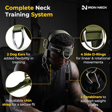 Load image into Gallery viewer, Iron Neck Neck Trainer, Exerciser, &amp; Strengthener with Adjustable Head and Chin Strap - Portable Head Harness for Weight Lifting, Home, &amp; Gym Use - Exercise &amp; Workout Equipment (Alpha, Green)
