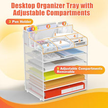 Load image into Gallery viewer, Docnest 6 Tier Mesh Desk Organizer for Paper Office Supplies – Multi-Functional Letter Tray with 5 Adjustable Compartments, 4 Pen Holders, Desktop Storage for Files, Mail, Stationery – White
