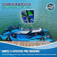 Load image into Gallery viewer, WAVESRX DockingPal™ - Premium Flat Bungee Dock Line for Boats | Elastic Boat Dock Rope with 1 Stainless Steel Carabiner &amp; 1 Loop | Stretches from 5' to 9' for Jet Ski, PWC &amp; Boat
