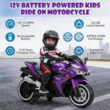 Load image into Gallery viewer, 12V Kids Electric Motorcycle, on Car LED Lights, Music Player &amp; Horn with Training Wheels
