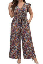 Load image into Gallery viewer, Chevibe Plus Size Jumpsuits for Women V Neck Ruffle Sleeve Wide Leg Rompers with Pockets Belted High Waist Casual Formal Jumpsuit
