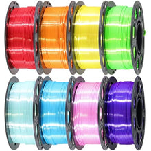 Load image into Gallery viewer, 1.75mm Silk Shiny PLA 3D Printer Filament 8 Bright Colors Bundle: Silk Yellow/Lime Green/Orange/Sky Blue/Pink/Cyan/Red/Purple, Each Spool 250g, Total 2Kg 3D Printing Material, 250g x 8 Spools
