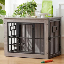 Load image into Gallery viewer, 32 Inch Heavy Duty Dog Crate Furniture for Medium/Small Dogs, Decorative Pet House End Table with 3 Doors &amp; Adjustable Bowls, Wooden Cage Kennel Furniture Indoor, Rustic Grey
