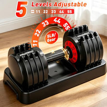 Load image into Gallery viewer, 25/55lb Adjustable Dumbbell Set of 2, 5-in-1/10-in-1 Free Weights with Anti-Slip Texture Handle for Exercise, Fitness Equipment Set for Home Gym Strength Training, Suits Both Men and Women(Red 55LBS Pair)
