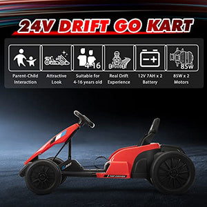 24V Electric Drifting Go Kart for Kids 4-16 Year, 7Ah Battery Powered Electric Car Ride on Toys, Electric Ride On Toy (red)