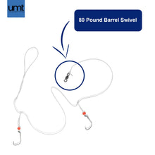 Load image into Gallery viewer, UMT Sea Bass Hi/Lo Saltwater Fishing Rigs 10 Pack, 3/0 Bait Hook, 60lb Heavy Duty Mono, 80lb Swivel &amp; Sinker Loop, Hand Tied for Fluke Porgy Snapper Croaker Sea Trout Tautog Spot Pompano
