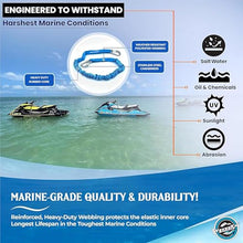 Load image into Gallery viewer, DockingPal™ - Premium Flat Bungee Dock Lines for Boats (Lagoon Blue | Elastic Boat Dock Rope with Stainless Steel Carabiners | Stretches from 3' to 5' | Absorbs Shocks Damage to Jet Ski, PWC
