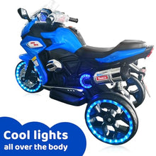 Load image into Gallery viewer, 12V Kids Ride On Motorcycle - 3-Wheel Electric Motorcycle for Boys &amp; Girls with LED Lights, MP3, and Safe Design - Gift for 3-8 Years Old (Blue+ Plastic+ 50-99 pounds)
