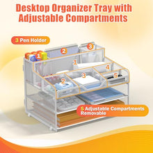 Load image into Gallery viewer, Docnest 3 Tier Mesh Desk Organizer for Paper Office Supplies – Multi-Functional Letter Tray with 5 Adjustable Compartments, 3 Pen Holders, Desktop Storage for Files, Mail, Stationery – White
