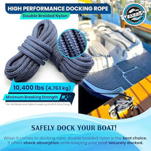 Load image into Gallery viewer, Premium Nylon Boat Dock Lines &amp; Ropes for Docking 5/8'' x 25' | Double Braided Marine Rope &amp; Mooring Line| Boat Ropes for Docking with Loop | UV &amp; Saltwater Resistant Dock Ropes for Boats &amp; Pontoons
