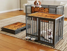Load image into Gallery viewer, Heavy Duty Dog Crate for Small Dogs, 3 in 1 32.7" Foldable Collapsible Dog Kennel &amp; Playpen with Lockable Wheels &amp; Feeding Bowls, Escape Proof Metal Dog Cage for Indoor Outdoor Use, Rustic Brown
