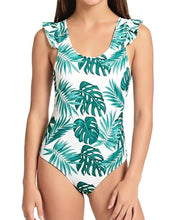 Load image into Gallery viewer, DOCUMO Girls One Piece Swimsuit Ruffle Quick Dry Bathing Suit for Kids 6-15Y, Tropical/Leopard/Tie Dye Printed Beach Swimsuit (Light Green Leaf, X-Large)
