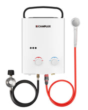 Load image into Gallery viewer, CAMPLUX 5L Portable Tankless Water Heater, 1.32 GPM Outdoor Propane Shower for Camping, RV, Off-Grid, Instant Hot Water with Folding Handle, Overheat Protection, Low Pressure Startup, AY132, White
