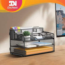 Load image into Gallery viewer, Docnest 3 Tier Mesh Desk Organizer for Paper Office Supplies – Multi-Functional Letter Tray with 5 Adjustable Compartments, 3 Pen Holders, Desktop Storage for Files, Mail, Stationery – Black
