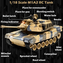 Load image into Gallery viewer, 1/18 US M1A2 Army Tank, 2.4GHz Remote Control Model Toys, Smoke &amp; Sound &amp; LED Lights &amp; Recoil Effects
