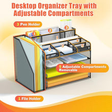Load image into Gallery viewer, Docnest 4 Tier Mesh Desk Organizer with File Holder – Multi-Functional Paper Letter Tray with 5 Adjustable Compartments, 3 Pen Holders, Desktop Storage for Files, Mail, Stationery – Black
