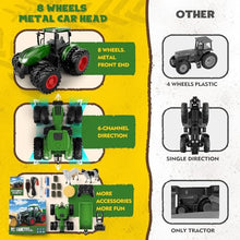 Load image into Gallery viewer, Uarzt Remote Control Tractor Toy with Trailer | Metal Front &amp; Front Loader Farm Vehicle Set with Lights &amp; 8-Wheel Design
