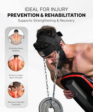 Load image into Gallery viewer, DMoose Fitness Neck Harness for Weight Lifting - Soft Padded Head &amp; Chin Strap with 30" Heavy Duty Steel Chain - Neck Exerciser, Trainer &amp; Strengthener to Support Injury Recovery (Black Legacy)

