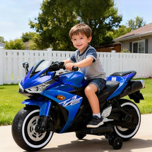 Load image into Gallery viewer, 12V Electric Ride On Motorcycle for Kids, Training Wheels, Full Hand Drive Motorbike Toy, Perfect for Boys and Girls (3-8 Yrs) (Blue)
