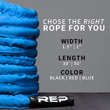 Load image into Gallery viewer, REP Battle Ropes - PolyDacron Battle Rope for Strength and Conditioning Workouts – 1.5" and 2" Diameter, 30ft, 40ft, 50ft Lengths with Optional Cover Sleeve (Blue With Sleeve, 2.0 x 50 ft)
