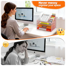 Load image into Gallery viewer, DocNest 4 Tier Metal Mesh Letter Tray - Space Saving Desk File Organizer with Handle, Pen Holder &amp; Folder Holder - Desktop Document Sorter for Office, Home, School, Classroom - Pink
