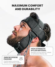 Load image into Gallery viewer, DMoose Fitness Neck Harness for Weight Lifting - Soft Padded Head &amp; Chin Strap with 30" Heavy Duty Steel Chain - Neck Exerciser, Trainer &amp; Strengthener to Support Injury Recovery (Black Legacy)
