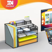 Load image into Gallery viewer, Docnest 4 Tier Mesh Desk Organizer with File Holder – Multi-Functional Paper Letter Tray with 5 Adjustable Compartments, 3 Pen Holders, Desktop Storage for Files, Mail, Stationery – Black
