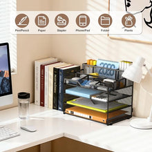 Load image into Gallery viewer, Docnest 4 Tier Mesh Desk Organizer, Multi-Functional Paper Letter Tray with 5 Adjustable Compartments &amp; 3 Pen Holders - Space-Saving Desktop Storage for Office Files, Mail, Stationery - Black
