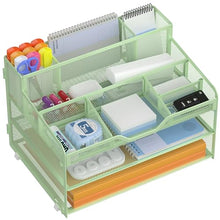 Load image into Gallery viewer, Docnest 3 Tier Mesh Desk Organizer for Paper Office Supplies – Multi-Functional Letter Tray with 5 Adjustable Compartments, 3 Pen Holders, Desktop Storage for Files, Mail, Stationery – Green
