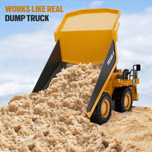Load image into Gallery viewer, KIDMARKT RC Dump Truck Toy for Kids | 9-Channel Metal Construction Vehicle with Working Bed, Lights &amp; Sounds.
