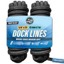 Load image into Gallery viewer, Premium Nylon Boat Dock Lines &amp; Ropes for Docking 5/8'' x 25' | Double Braided Marine Rope &amp; Mooring Line| Boat Ropes for Docking with Loop | UV &amp; Saltwater Resistant Dock Ropes for Boats &amp; Pontoons

