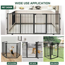 Load image into Gallery viewer, Snagle Paw Metal Freestanding Dog Gate with Door, 80” W x 24” H Dog Fence with Support Feet for Doorways, Stairs and Hallways, Portable Pet Gate for Indoor Use (4 Panel, Black)
