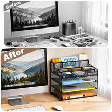 Load image into Gallery viewer, Docnest 4 Tier Mesh Desk Organizer, Multi-Functional Paper Letter Tray with 5 Adjustable Compartments &amp; 3 Pen Holders - Space-Saving Desktop Storage for Office Files, Mail, Stationery - Black
