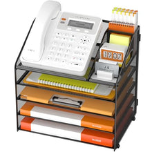 Load image into Gallery viewer, DocNest 5 Tier Metal Mesh Letter Tray - Space Saving Desk File Organizer with Handle, Pen Holder &amp; Folder Holder - Desktop Document Sorter for Office, Home, School, Classroom - Black
