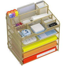 Load image into Gallery viewer, Docnest 5 Tier Mesh Desk Organizer for Paper Office Supplies – Multi-Functional Letter Tray with 5 Adjustable Compartments, 3 Pen Holders, Desktop Storage for Files, Mail, Stationery – Gold
