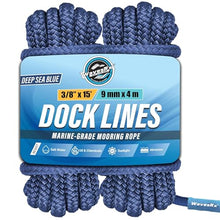 Load image into Gallery viewer, Premium Nylon Boat Dock Lines &amp; Ropes for Docking 3/8'' x 15' | Double Braided Marine Rope &amp; Mooring Line| Boat Ropes for Docking with Loop | UV &amp; Saltwater Resistant Dock Ropes for Boats &amp; Pontoons
