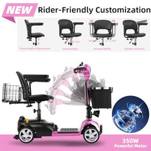 Load image into Gallery viewer, 35 Miles 4 Wheels Mobility Scooter for Seniors/Adults Up to 300LBS,350W Electric Wheelchair Detachable Lithium Battery,Dual Baskets,Rotating Seat,with Taillight, USB Charging, Pink 35Miles
