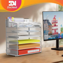 Load image into Gallery viewer, Docnest 6 Tier Mesh Desk Organizer for Paper Office Supplies – Multi-Functional Letter Tray with 5 Adjustable Compartments, 4 Pen Holders, Desktop Storage for Files, Mail, Stationery – White
