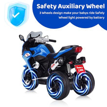 Load image into Gallery viewer, 12V Kids Ride On Motorcycle - 3-Wheel Electric Motorcycle for Boys &amp; Girls with LED Lights, MP3, and Safe Design - Gift for 3-8 Years Old (Blue+ Plastic+ 50-99 pounds)
