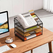 Load image into Gallery viewer, DocNest 4 Tier Metal Mesh Letter Tray - Space Saving Desk File Organizer with Handle, Pen Holder &amp; Folder Holder - Desktop Document Sorter for Office, Home, School, Classroom - Black
