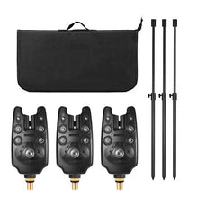 Load image into Gallery viewer, NP Fishing Bite Indicators Kits, 3 Wireless Fishing LED Alarm Alert &amp; 3 Extending Aluminum Alloy Fishing Bankstick &amp; Padded Fishing Tool Bag, Fishing Bite Alarm Set
