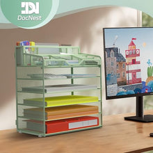 Load image into Gallery viewer, Docnest 6 Tier Mesh Desk Organizer for Paper Office Supplies – Multi-Functional Letter Tray with 5 Adjustable Compartments, 6 Pen Holders, Desktop Storage for Files, Mail, Stationery – Green
