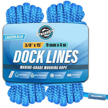 Load image into Gallery viewer, Premium Nylon Boat Dock Lines &amp; Ropes for Docking 3/8'' x 15' | Double Braided Marine Rope &amp; Mooring Line| Boat Ropes for Docking with Loop | UV &amp; Saltwater Resistant Dock Ropes for Boats &amp; Pontoons
