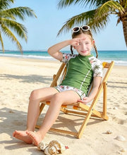 Load image into Gallery viewer, DOCUMO Girls Rash Guard Swimsuit 2-Piece Short Sleeve Colorblock Quick Dry Bathing Suit UPF 50+ Beach Swimwear Size 6-15Y (Leaf# Green, Medium)
