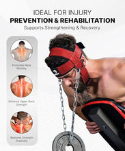 Load image into Gallery viewer, DMoose Fitness Neck Harness for Weight Lifting - Soft Padded Head &amp; Chin Strap with 30" Heavy Duty Steel Chain - Neck Exerciser, Trainer &amp; Strengthener to Support Injury Recovery (Red)
