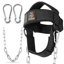 Load image into Gallery viewer, DMoose Fitness Neck Harness for Weight Lifting - Soft Padded Head &amp; Chin Strap with 30" Heavy Duty Steel Chain - Neck Exerciser, Trainer &amp; Strengthener to Support Injury Recovery (Black Legacy)
