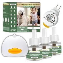Load image into Gallery viewer, 4-Pack Dog Calming Diffuser Kit (1 Diffuser + 3 Refills), Plug-in Pheromone Calming Diffuser for Dog, 90-Day Supply, Covers 700 sq ft, Safe &amp; Odorless Stress Relief Solution, Promotes Relaxed Behavior
