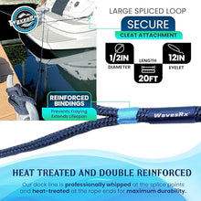 Load image into Gallery viewer, Premium Nylon Boat Dock Lines &amp; Ropes for Docking 1/2'' x 20' | Double Braided Marine Rope &amp; Mooring Line| Boat Ropes for Docking with Loop | UV &amp; Saltwater Resistant Dock Ropes for Boats &amp; Pontoons
